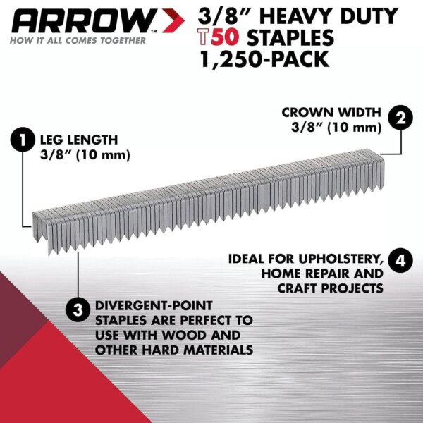 Arrow T50 Staples 3/8" (10mm) #506 – Heavy-Duty (1 Pack, 1250) for Upholstery, Wood, Fabric & Crafting 2 Arrow T50 Staples 3/8″ (10mm) #506 – Heavy-Duty (1 Pack, 1250) for Upholstery, Wood, Fabric & Crafting