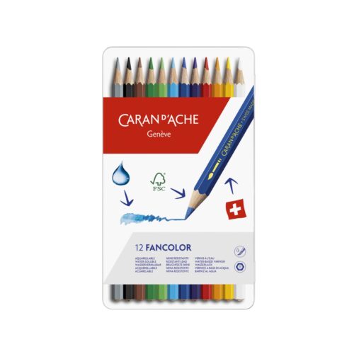 Caran d'Ache Fancolor Aquarelle 12 Water-Resistant Colour Pencils - Metal Tin Set