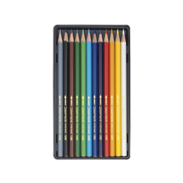 Caran d'Ache Fancolor Aquarelle 12 Water-Resistant Colour Pencils - Metal Tin Set 2 Caran d’Ache Fancolor Aquarelle 12 Water-Resistant Colour Pencils – Metal Tin Set