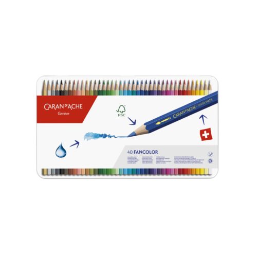 Caran d'Ache Fancolor Aquarelle 40 Water-Resistant Colour Pencils - Metal Tin Set