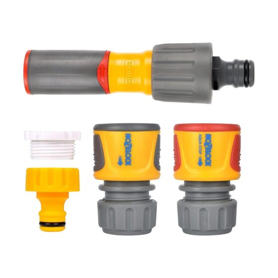 Hozelock 3-in-1 Starter Nozzle Kit – Soft Grip, Multi-Spray Patterns & Leak-Free Hose Connectors (12.5mm-15mm)