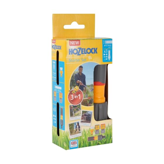 Hozelock 3-in-1 Starter Nozzle Kit – Soft Grip, Multi-Spray Patterns & Leak-Free Hose Connectors (12.5mm-15mm)