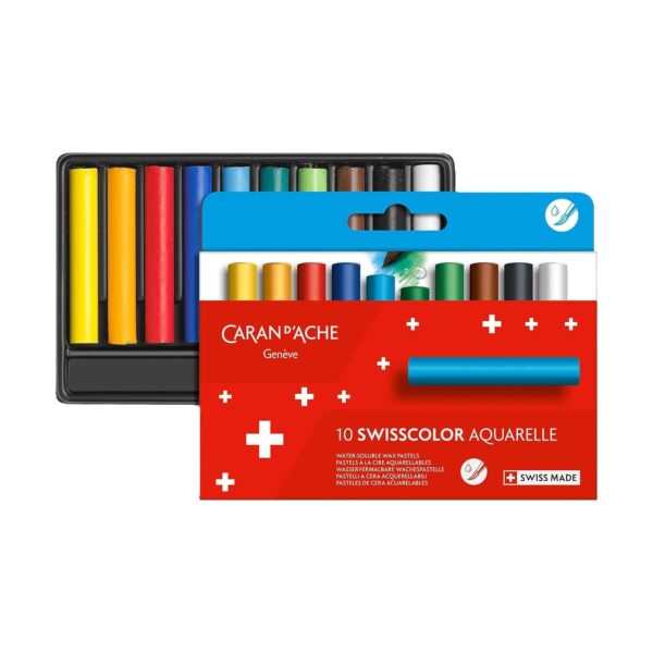 Caran d’Ache Swisscolor Aquarelle 10 Water Soluble Colour Half Length Wax Pastels in Box