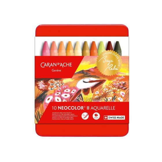 Caran d’Ache Beya Rebaï Neocolor II Warm Shades – 10 Water-Soluble Wax Pastels Tin Set