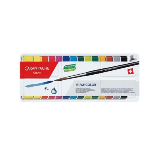 Caran d’Ache Fancolour Aquarelle  14 Gouache Water-based Colour Paints + 1 Paint Brush in Box
