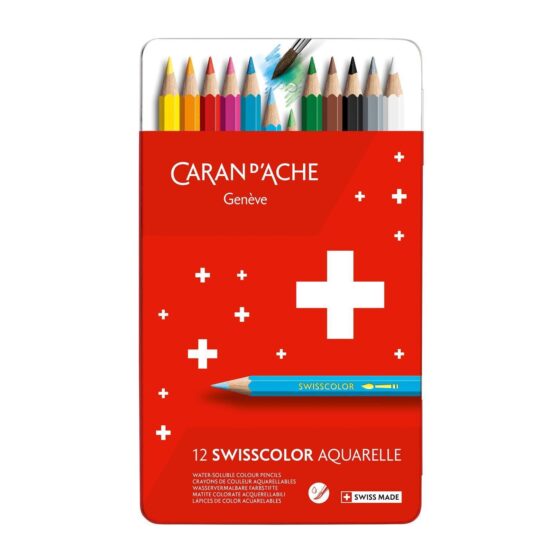 Caran d’Ache Swisscolor Aquarelle 12 Water-Soluble Colour Pencils – Metal Tin Set