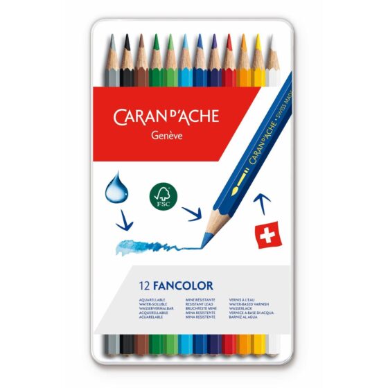 Caran d’Ache Fancolour Aquarelle 12 Water Resistant Colour Pencils in Metal Tin