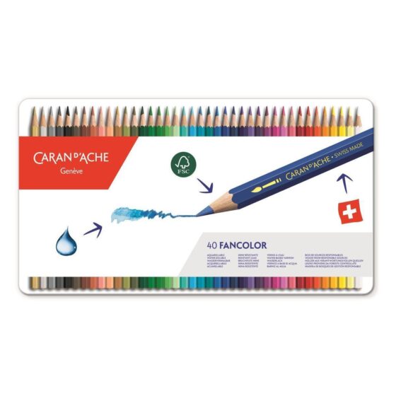 Caran d’Ache Fancolour Aquarelle 40 Water Resistant Colour Pencils in Metal Tin