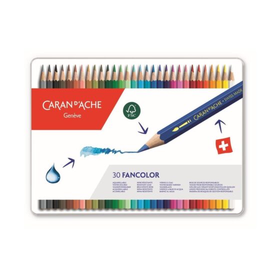 Caran d’Ache Fancolour Aquarelle 30 Water Resistant Colour Pencils in Metal Tin