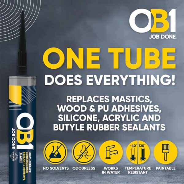 OB1 Black Multi-Surface Construction Sealant & Adhesive (2 Packs) 290ml Tube - Waterproof, Weatherproof & Durable Silicone 1 OB1 Black Multi-Surface Construction Sealant & Adhesive 290ml Tube – Waterproof, Weatherproof & Durable Silicone