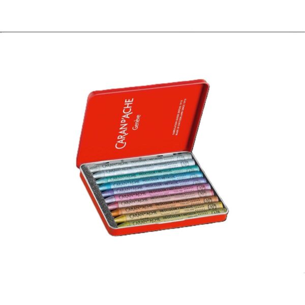 Caran d'Ache Metallic Neocolor I 10 Water Resistant Colour Wax Pastels - Assorted Metallic Colours in Metal Tin 2 Caran d’Ache Metallic Neocolor I 10 Water Resistant Colour Wax Pastels – Assorted Metallic Colours in Metal Tin