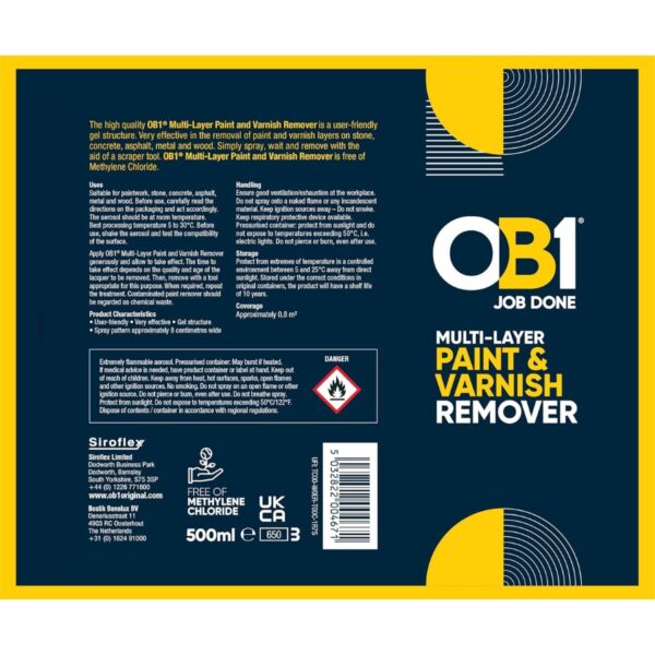 OB1 Multi-Layer Paint & Varnish Remover 500ml Spray – Safe for Stone, Concrete, Wood & More