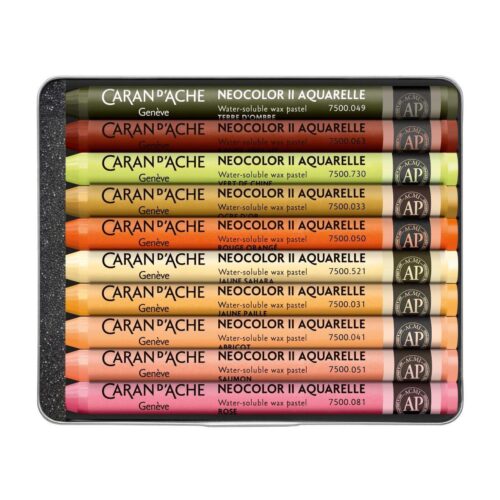 Caran d’Ache Beya Rebai Neocolor II 10 Water Soluble Wax Pastels, Warm Shades in Metal Tin