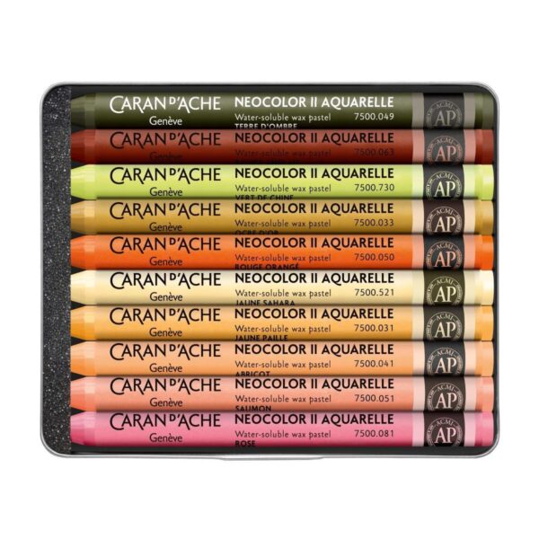 Caran d’Ache Beya Rebai Neocolor II 10 Water Soluble Wax Pastels, Warm Shades in Metal Tin