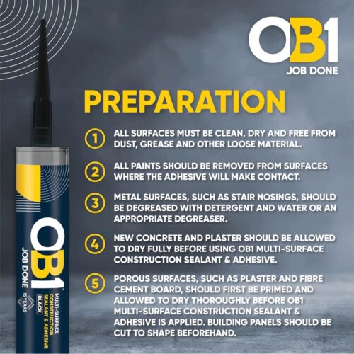 OB1 Black Multi-Surface Construction Sealant & Adhesive (2 Packs) 290ml Tube - Waterproof, Weatherproof & Durable Silicone 12 OB1 Black Multi-Surface Construction Sealant & Adhesive 290ml Tube – Waterproof, Weatherproof & Durable Silicone