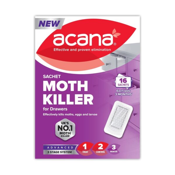 Acana Sachet Moth Killer 16 Pack – Lavender Fragrance, Kills Moths Eggs & Larvae, 3 Month Protection for Drawers & Storage