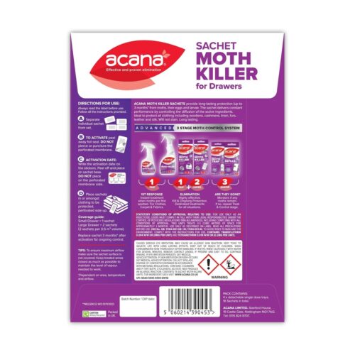 Acana Sachet Moth Killer 16 Pack – Lavender Fragrance, Kills Moths Eggs & Larvae, 3 Month Protection for Drawers & Storage