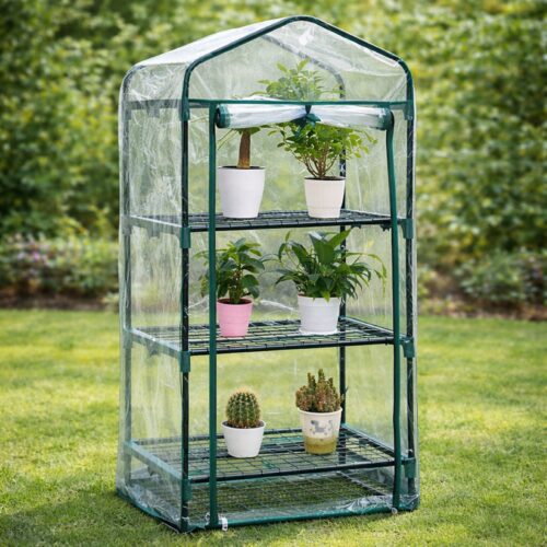 3‑Tier Mini Greenhouse – Powder‑Coated Steel Frame & Weather‑Resistant PVC Cover, Easy Assembly (H126 × W59 × D39 cm)