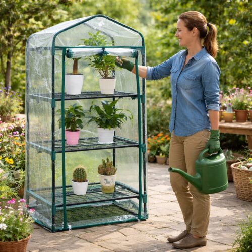 3‑Tier Mini Greenhouse – Powder‑Coated Steel Frame & Weather‑Resistant PVC Cover, Easy Assembly (H126 × W59 × D39 cm)
