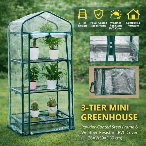 3‑Tier Mini Greenhouse – Powder‑Coated Steel Frame & Weather‑Resistant PVC Cover, Easy Assembly (H126 × W59 × D39 cm)
