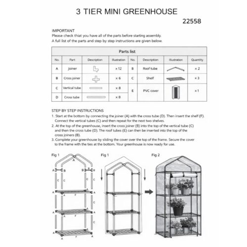 3‑Tier Mini Greenhouse – Powder‑Coated Steel Frame & Weather‑Resistant PVC Cover, Easy Assembly (H126 × W59 × D39 cm)