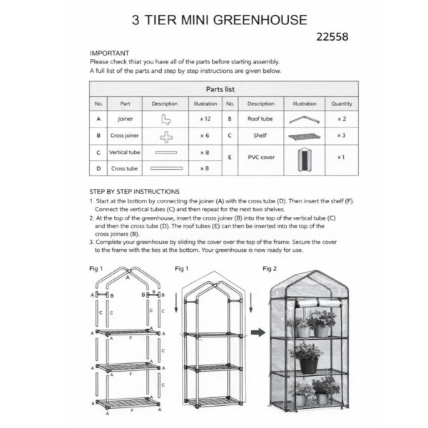 3‑Tier Mini Greenhouse – Powder‑Coated Steel Frame & Weather‑Resistant PVC Cover, Easy Assembly (H126 × W59 × D39 cm)