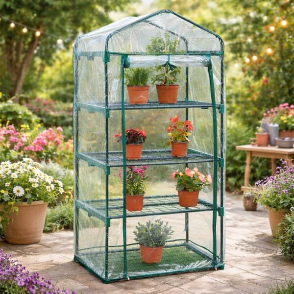 4‑Tier Mini Greenhouse – Powder‑Coated Steel Frame & Weather‑Resistant PVC Cover, Easy Assembly (H160 × W59 × D39 cm)