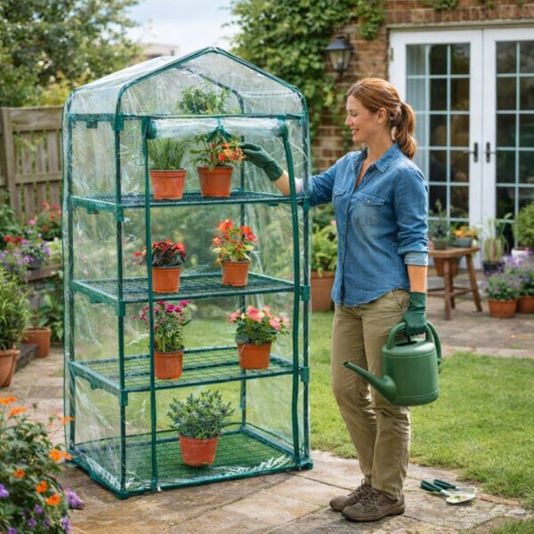 4‑Tier Mini Greenhouse – Powder‑Coated Steel Frame & Weather‑Resistant PVC Cover, Easy Assembly (H160 × W59 × D39 cm)