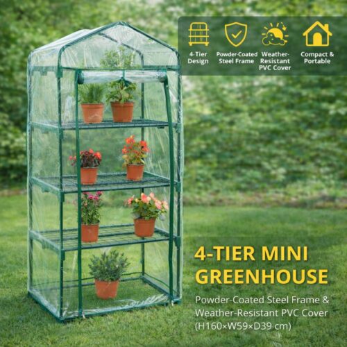 4‑Tier Mini Greenhouse – Powder‑Coated Steel Frame & Weather‑Resistant PVC Cover, Easy Assembly (H160 × W59 × D39 cm)