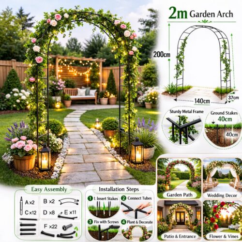 Metal Garden Arch Trellis 2m – 200cm Outdoor Climbing Plant Support Frame for Roses, Ivy & Wedding Decoration - Image 8