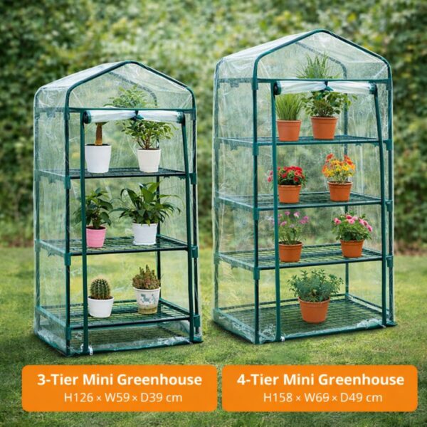 3‑Tier Mini Greenhouse – Powder‑Coated Steel Frame & Weather‑Resistant PVC Cover, Easy Assembly (H126 × W59 × D39 cm)