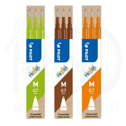 Pilot Frixion 3 Color Refill Cartridges for Ball & Clicker Pens – 0.7mm Medium Tip, Assorted Colors (Lime Green, Brown & Orange)