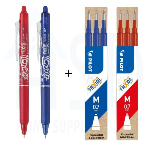 Pilot Frixion Retractable Pens & Refills (Set of 4) – Red & Blue – 0.7mm Medium Tip Erasable Ink