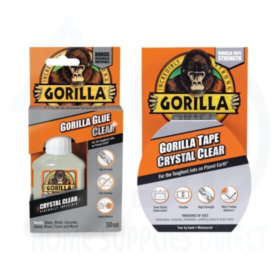 Clear Gorilla Glue 50ml + Crystal Clear Tape 48mm x 8.2M – Heavy Duty Adhesive & Waterproof Tape for Ultimate Bonding
