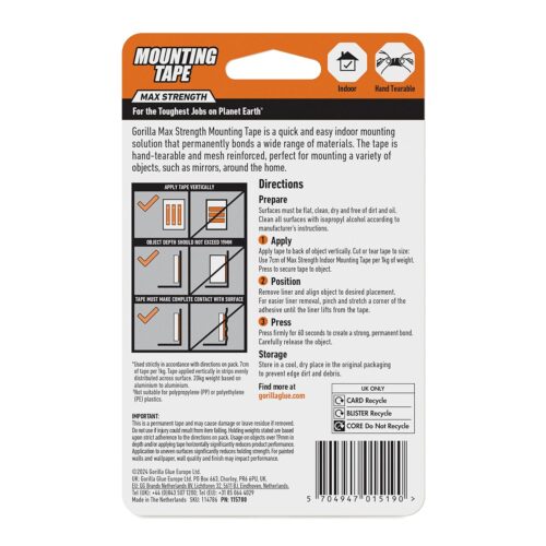 Gorilla Mounting Tape 20KG Max Strength 25mm x 1.5M – Heavy Duty Double-Sided Adhesive Tape 7 Gorilla Mounting Tape 20KG Max Strength 25mm x 1.5M – Heavy Duty Double-Sided Adhesive Tape