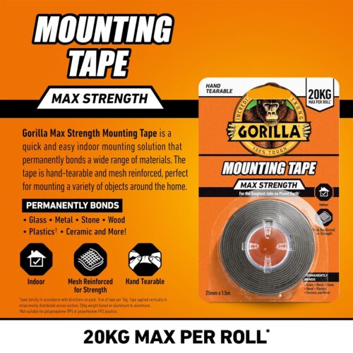 Gorilla Mounting Tape 20KG Max Strength 25mm x 1.5M – Heavy Duty Double-Sided Adhesive Tape 11 Gorilla Mounting Tape 20KG Max Strength 25mm x 1.5M – Heavy Duty Double-Sided Adhesive Tape
