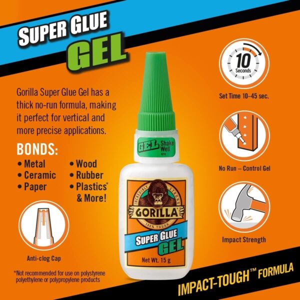 Gorilla Super Glue Precise Gel 15g – Fast-Setting, Impact-Tough Adhesive with Precision Application 4 Gorilla Super Glue Precise Gel 15g – Fast-Setting, Impact-Tough Adhesive with Precision Application