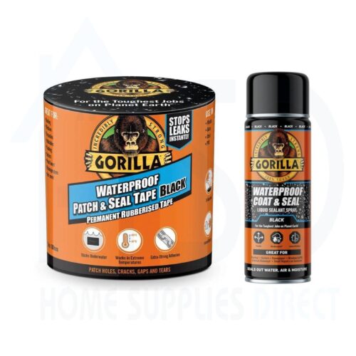 Gorilla Patch & Seal Tape 100mm x 3M Black + Waterproof Coat & Seal Spray 450ml – Complete Waterproof Repair Kit