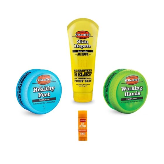 O’Keeffe’s Care Set – Hands (96g), Feet (91g), Skin (190ml), Unscented Lip Balm (4g)