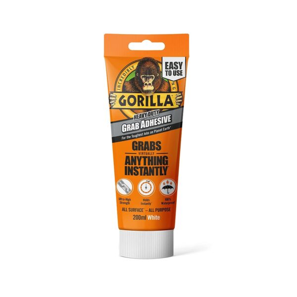 Item0-OghxYI.jpg Gorilla Heavy Duty Grab Adhesive 200ml White Tube – Ultra-Strong, Waterproof Construction Adhesive for Instant Bonding