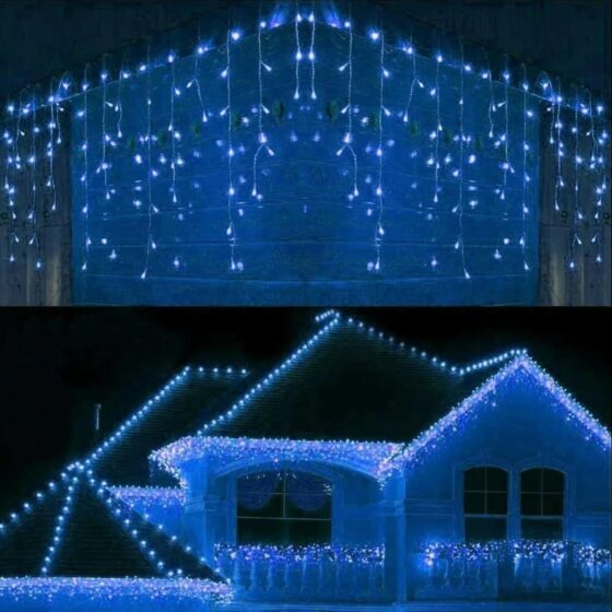 200 LED Blue & White Icicle Lights (3.9m) – Battery Fairy Lights for Christmas, Weddings, and Home Decor