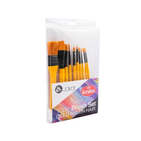 Item0-aZnrzk.jpg Jakar Acrylic Gold Nylon Hair Brush Set – 10-Piece Set for Acrylic Painting, Includes Filbert, Round, Flat, Shader, Liner, and Fan Brushes (6437)