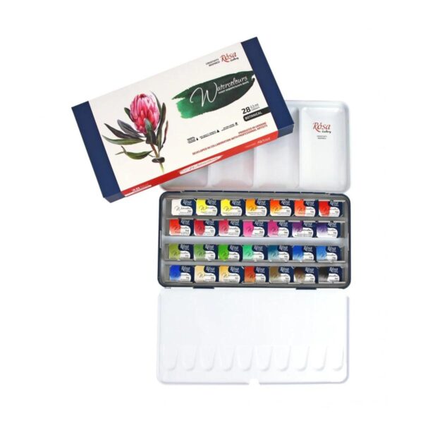 Rosa Gallery Botanical Watercolour Set – 28 Full Pans in Indigo Metal Case | Artist Paints for Floral & Nature Art