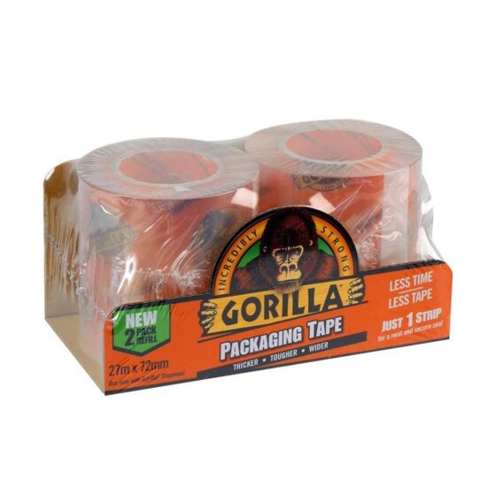 Gorilla Packaging Tape Refill Clear Twin Pack 72mm x 27M – Heavy Duty, Tear-Resistant Packaging Tape