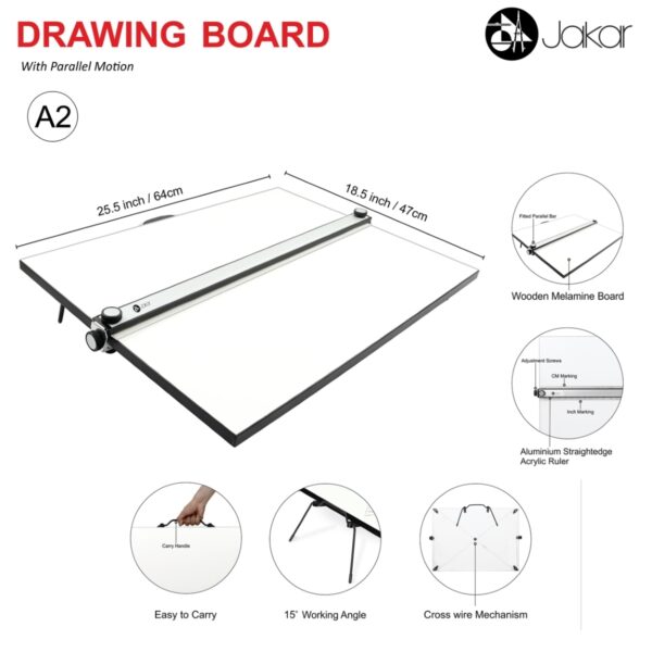 Jakar A2 Drawing Board with Parallel Motion - Lightweight Plastic with Integrated Ruler, Protractor & Magnetic Clamp (8415) 1 Jakar A2 Drawing Board with Parallel Motion – Lightweight Plastic with Integrated Ruler, Protractor & Magnetic Clamp (8415)