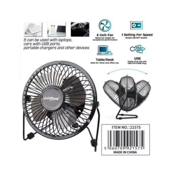 4″ USB Mini Fan – Black – Ultra-Quiet and Adjustable Personal Fan for Home, Office, and Travel Use