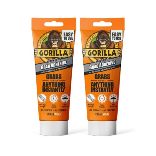 Gorilla Heavy Duty Grab Adhesive 200ml White Tube – Ultra-Strong, Waterproof Construction Adhesive for Instant Bonding