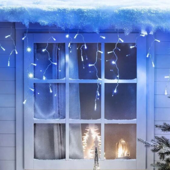 200 LED Blue & White Icicle Lights (3.9m) – Battery Fairy Lights for Christmas, Weddings, and Home Decor