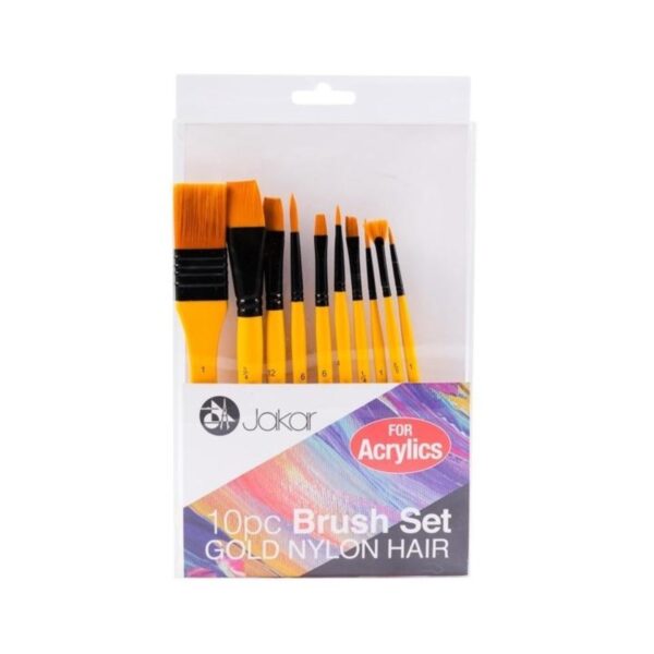 Jakar Acrylic Gold Nylon Hair Brush Set - 10-Piece Set for Acrylic Painting, Includes Filbert, Round, Flat, Shader, Liner, and Fan Brushes (6437) 2 Jakar Acrylic Gold Nylon Hair Brush Set – 10-Piece Set for Acrylic Painting, Includes Filbert, Round, Flat, Shader, Liner, and Fan Brushes (6437)
