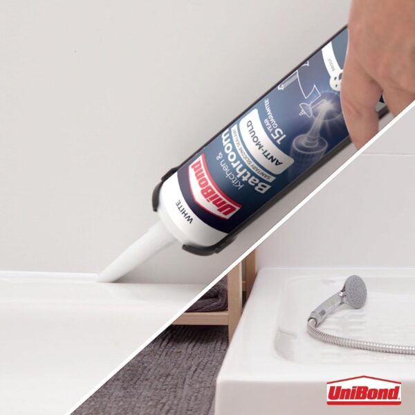UniBond White Anti-Mould Silicone Sealant for Kitchen & Bathroom (274g)